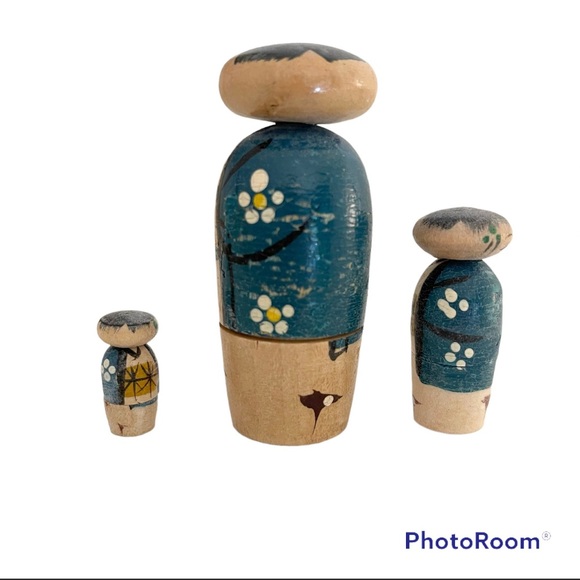VTG Kokeshi Nesting Dolls Set, Bobble Head, Blue - Picture 3 of 10